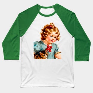 Little girl in a green dress with her beloved brindle kitten Baseball T-Shirt